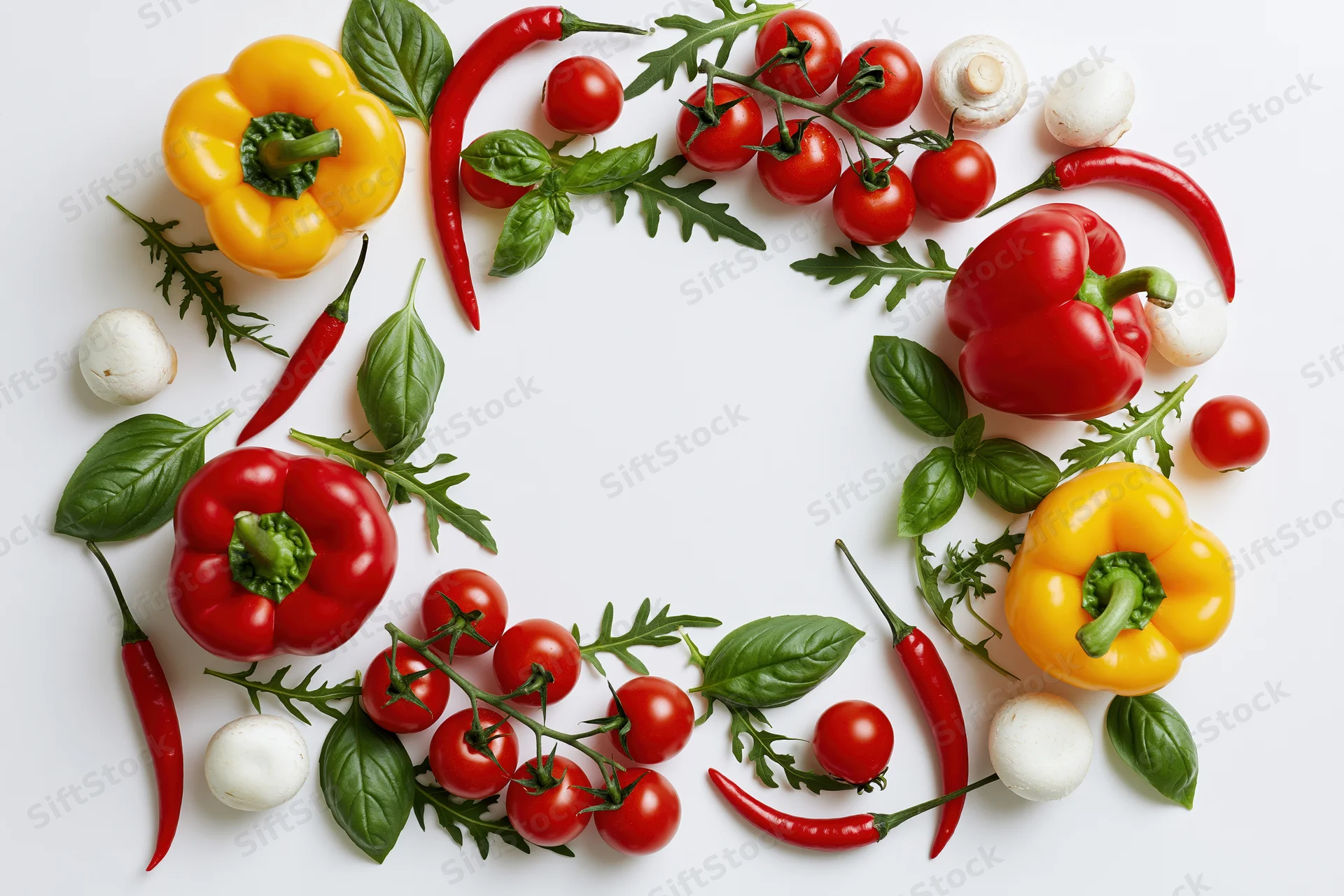 Fresh vegetables arranged in a circular frame on white background