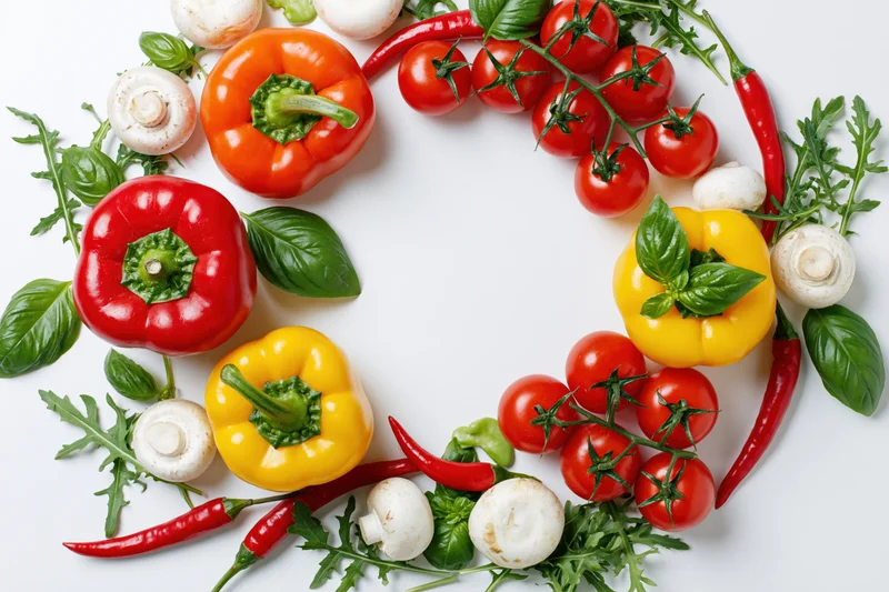 Fresh vegetables arranged in a circular frame on white background with copyspace