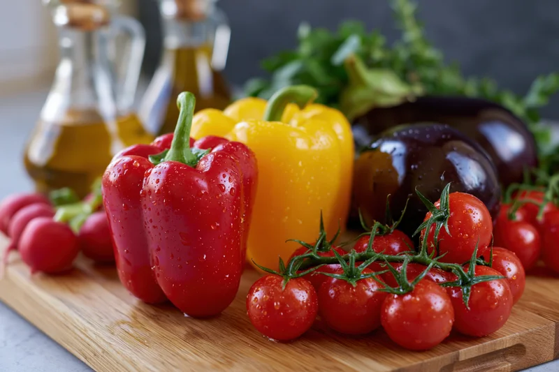 Fresh vegetables including bell peppers, tomatoes, eggplant and radishes arranged on a wooden cutting board in a kitchen setting