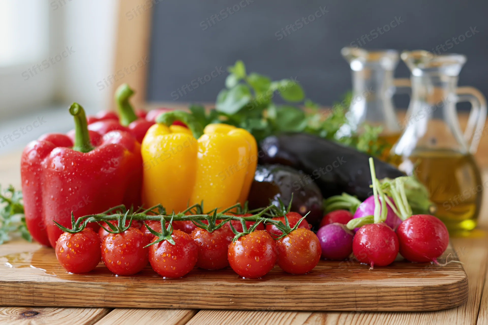 Fresh vegetables arranged on a wooden cutting board in a kitchen setting