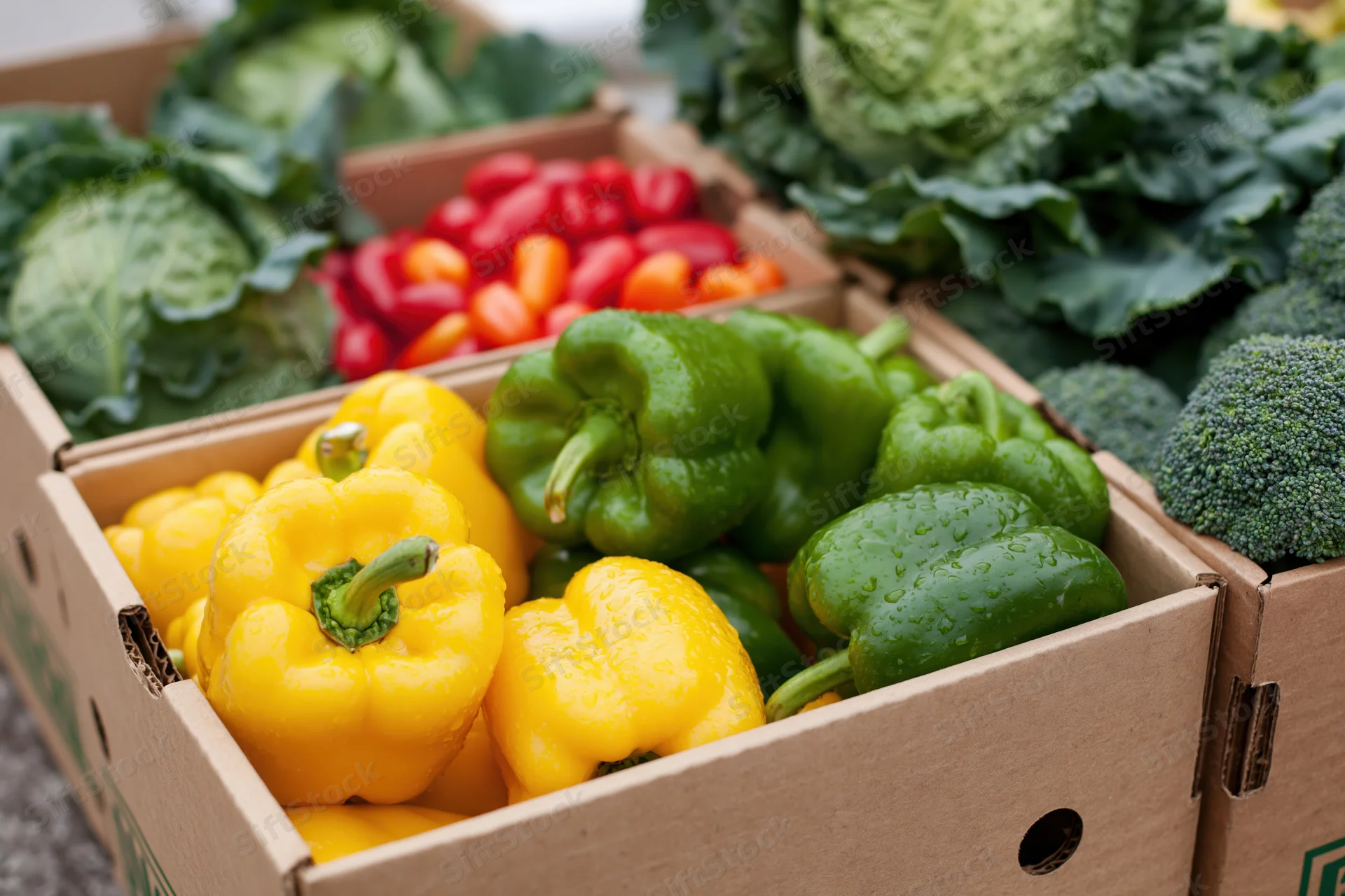 Fresh bell peppers and broccoli in open cardboard boxes at an outdoor market