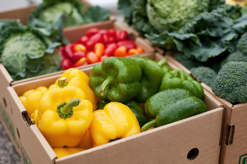 Fresh bell peppers and broccoli in open cardboard boxes at an outdoor market