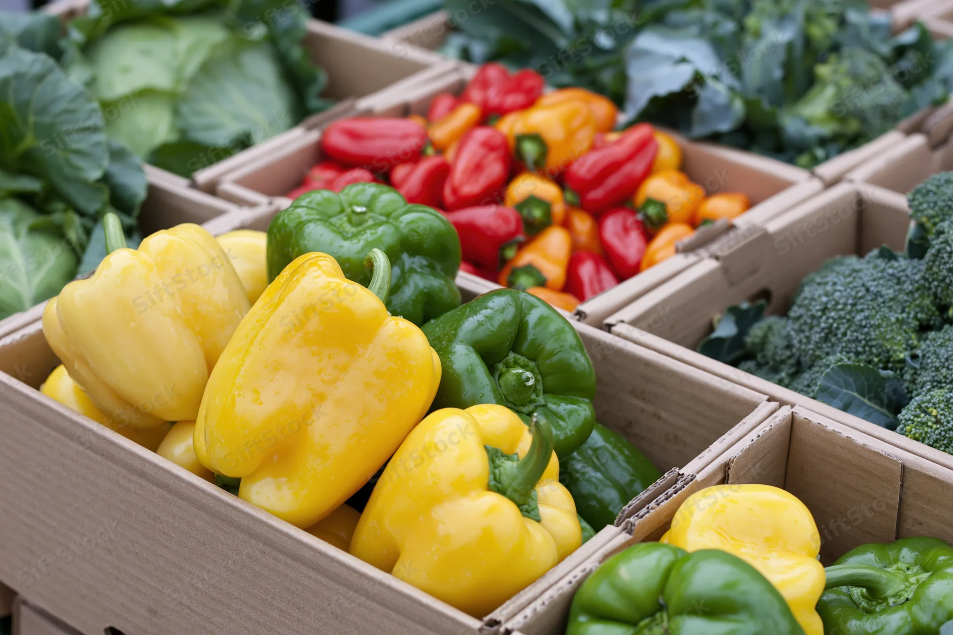 Colorful bell peppers and leafy vegetables in open cardboard boxes at an outdoor market