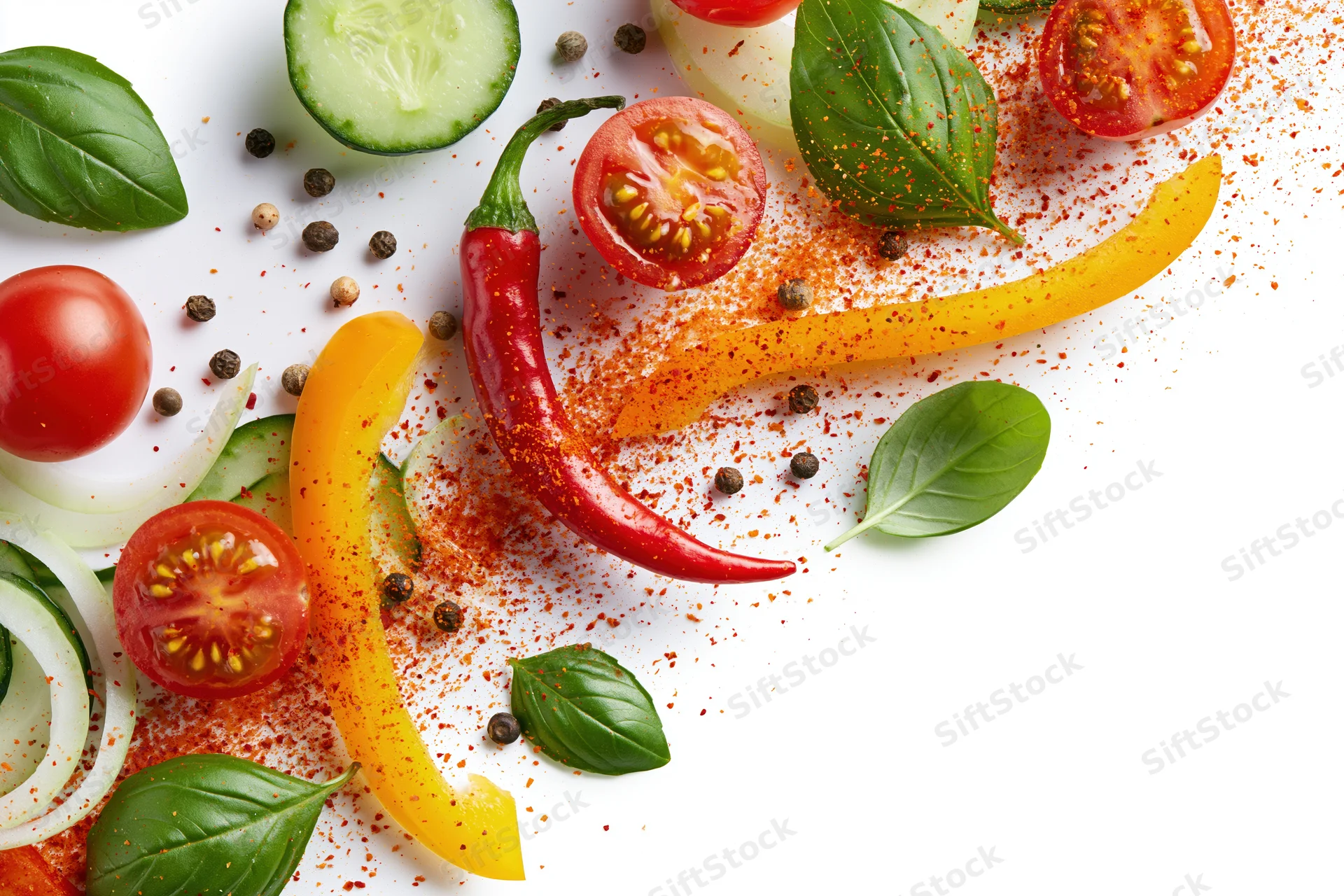 Fresh vegetables and herbs arranged with spices on white surface