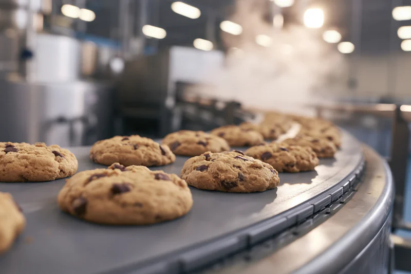 Chocolate chip cookies moving along a curved conveyor belt in a factory