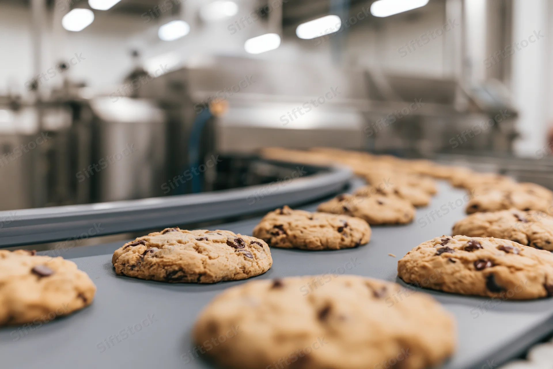 Chocolate chip cookies moving along a curved conveyor belt in a factory