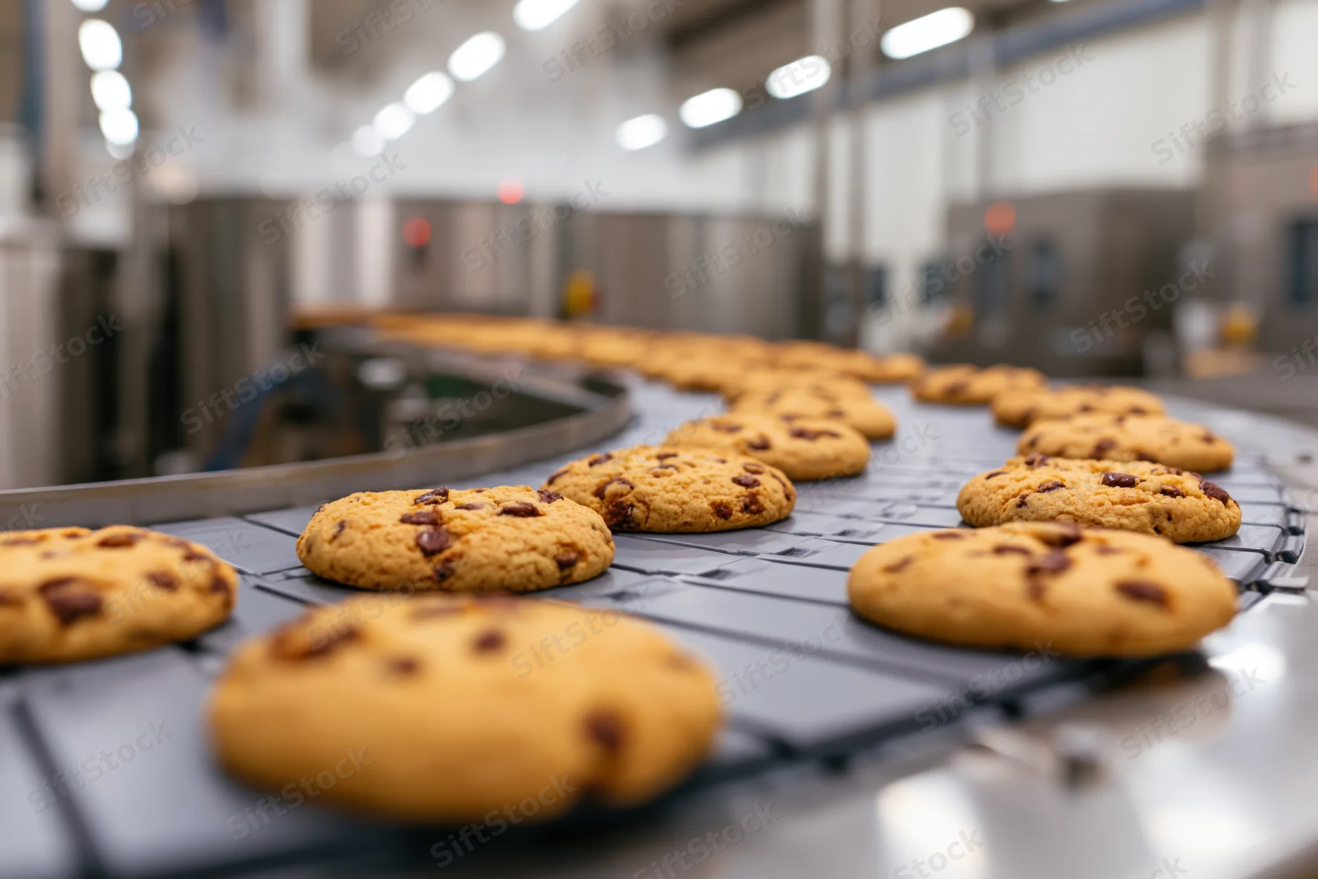 Chocolate chip cookies moving along a curved conveyor belt in a factory
