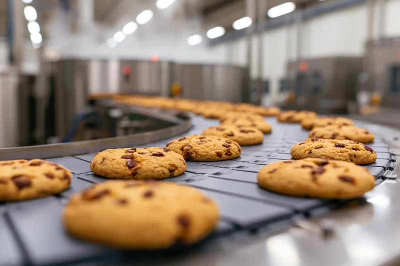 Chocolate chip cookies moving along a curved conveyor belt in a factory
