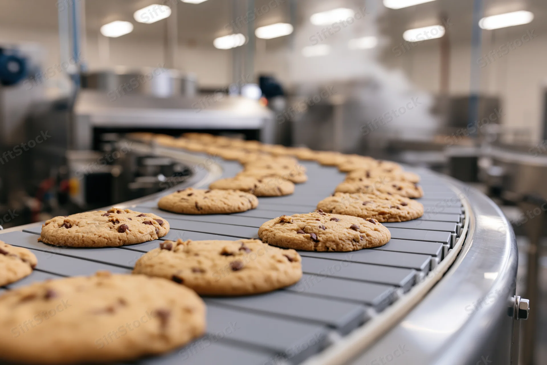 Chocolate chip cookies moving along a curved conveyor belt in a factory