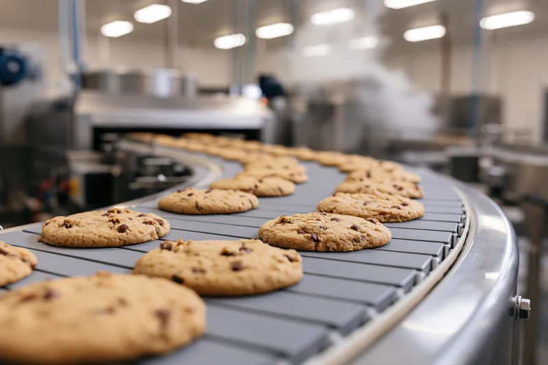 Chocolate chip cookies moving along a curved conveyor belt in a factory