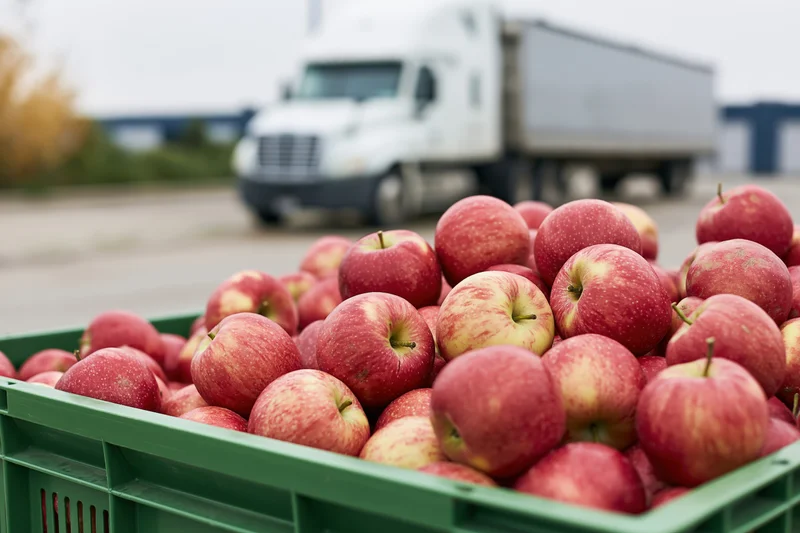 Freshly harvested red and yellow apples piled in a green crate with a delivery truck in the background
