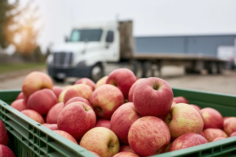 Freshly harvested red and yellow apples piled in a green crate with a truck in the background