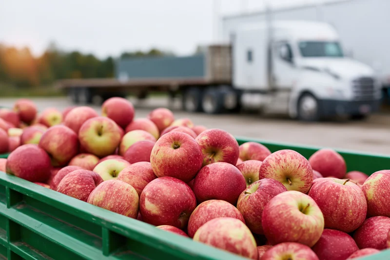 Freshly harvested red and yellow apples piled in a green crate with a delivery truck in the background
