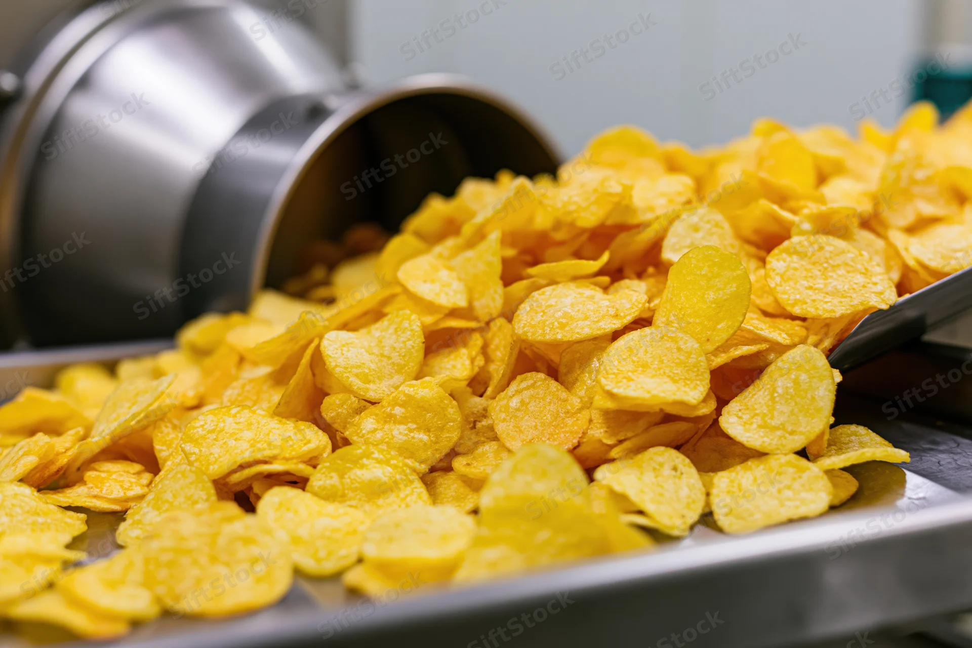 Freshly made potato chips tumbling from a stainless steel machine onto a metal tray in a food processing facility