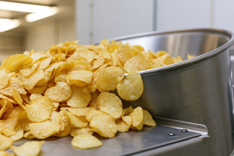Freshly made potato chips tumbling out of a stainless steel container in a factory setting