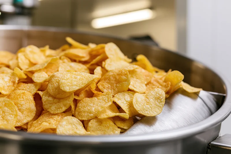 Freshly made potato chips tumbling out of a stainless steel industrial container in a food processing facility