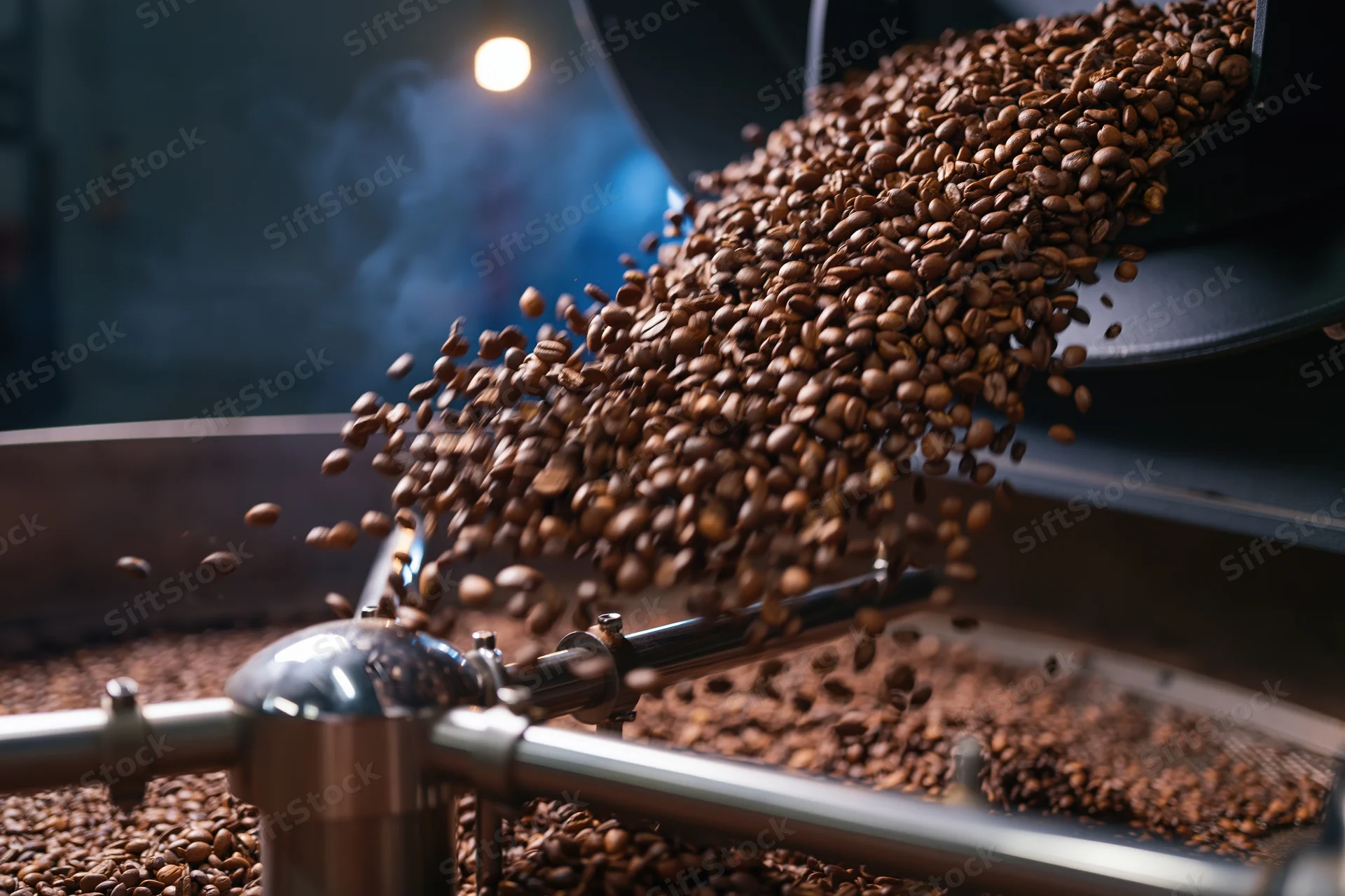 Roasted coffee beans cascading from industrial roasting machine in factory setting