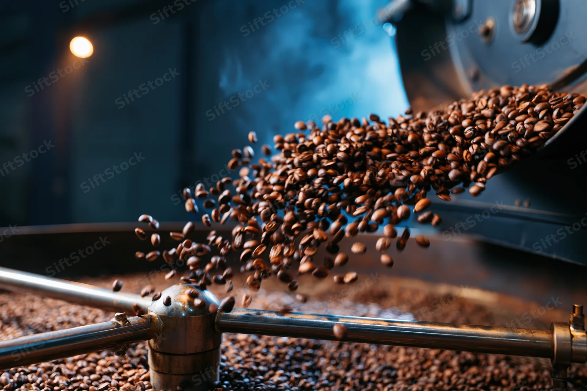 Roasted coffee beans cascading from industrial roasting machine in dim factory interior