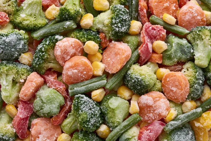 Frozen mixed vegetables spread flat filling the frame