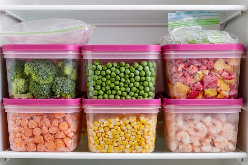 Frozen vegetables and fruits in clear plastic containers with pink lids arranged on a refrigerator shelf
