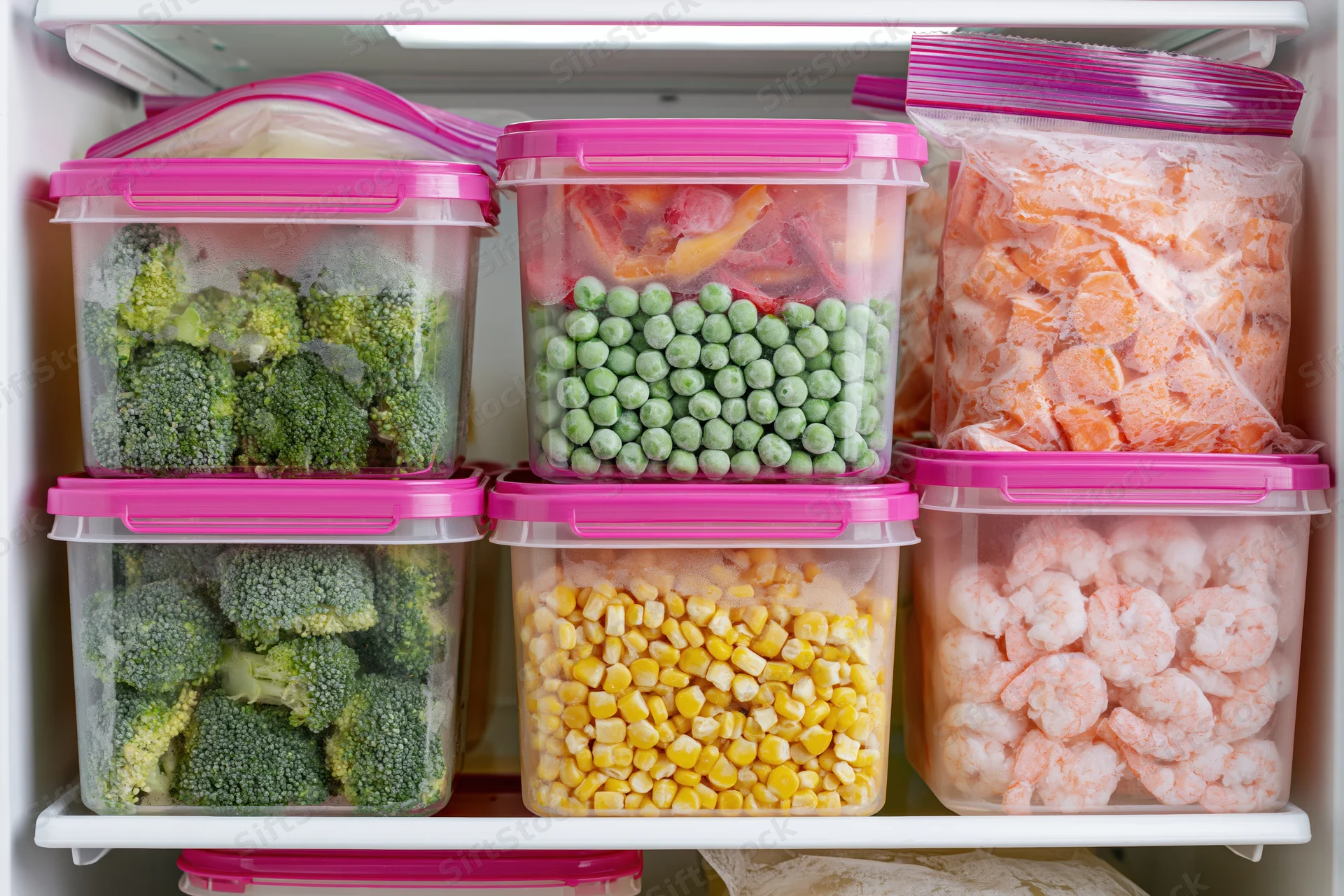 Frozen vegetables and seafood in clear plastic containers with pink lids arranged on a refrigerator shelf