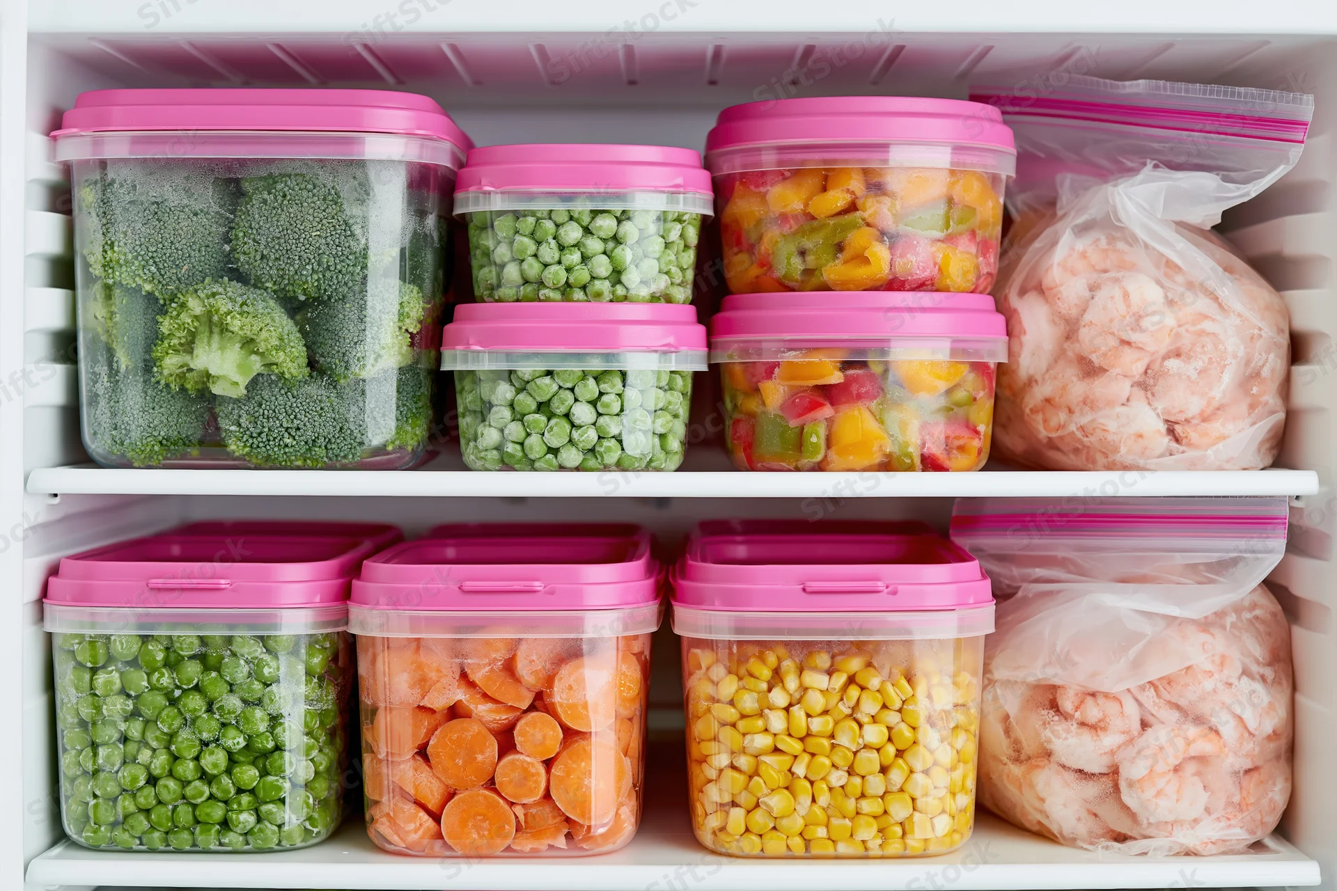 Frozen vegetables in clear plastic containers with pink lids arranged on shelves inside a refrigerator