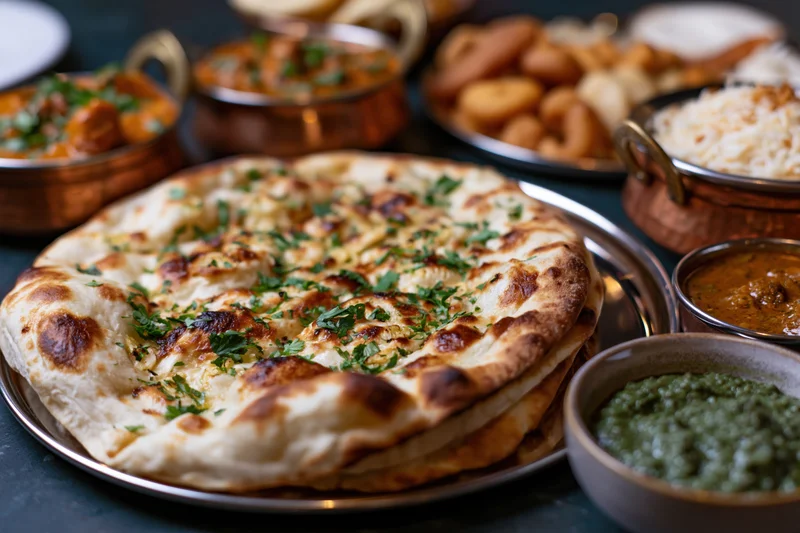 Garlic naan bread garnished with chopped cilantro on a metal platter surrounded by indian dishes