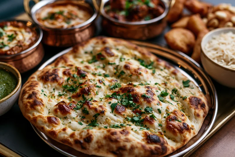 Garlic naan bread garnished with chopped cilantro on a metal platter surrounded by indian dishes and snacks