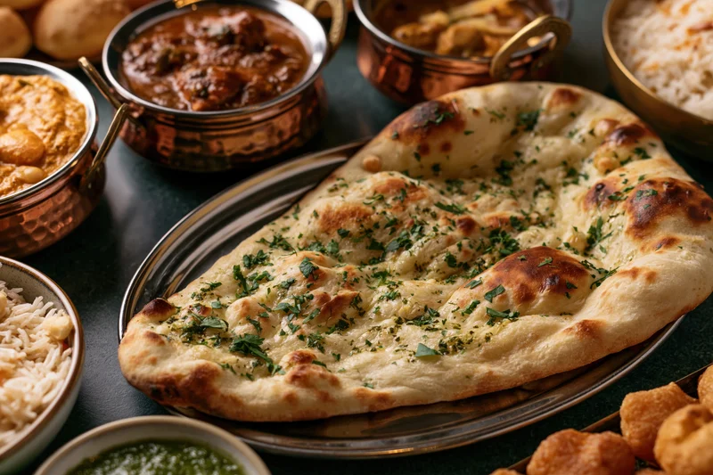 Garlic naan bread garnished with chopped cilantro on a metal platter surrounded by indian dishes