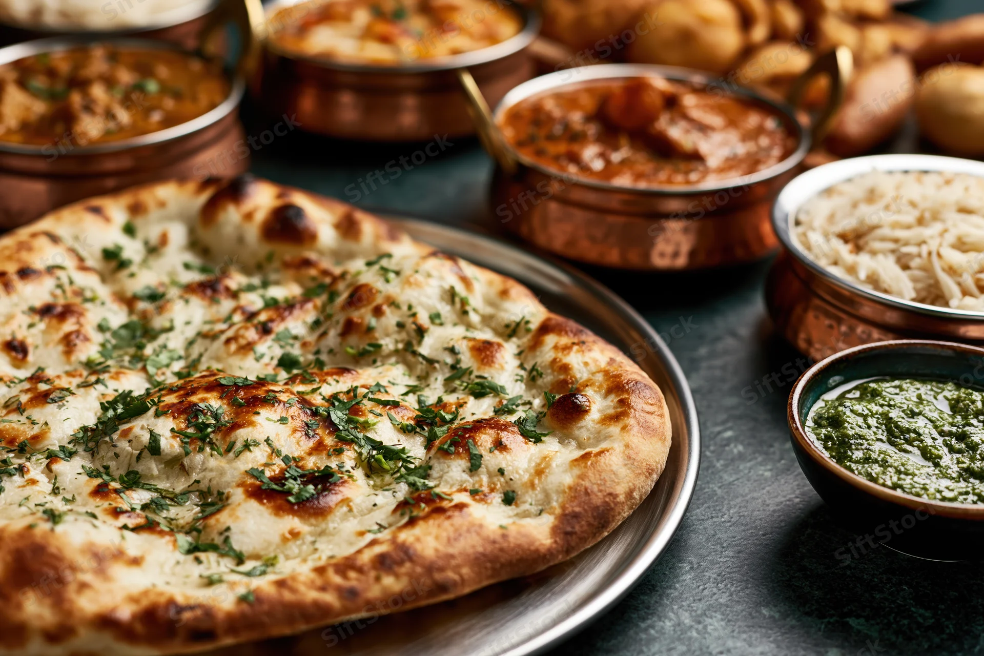 Garlic naan bread garnished with chopped cilantro on a metal platter surrounded by indian curries and side dishes