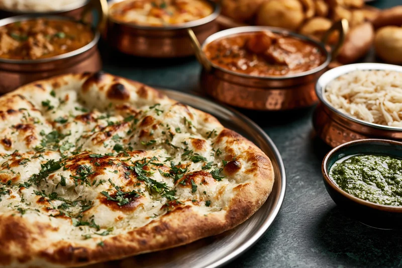 Garlic naan bread garnished with chopped cilantro on a metal platter surrounded by indian curries and side dishes