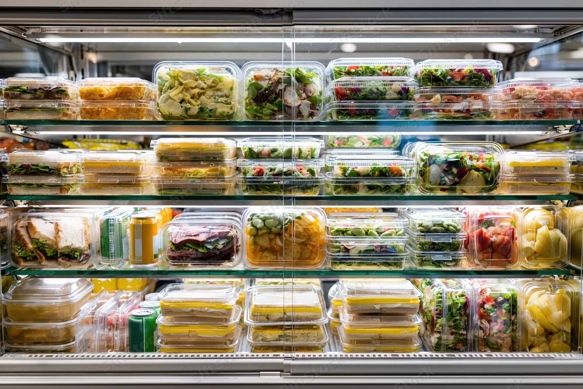 Glass-fronted refrigerated display case filled with ready-to-eat meals and drinks in a convenience store interior