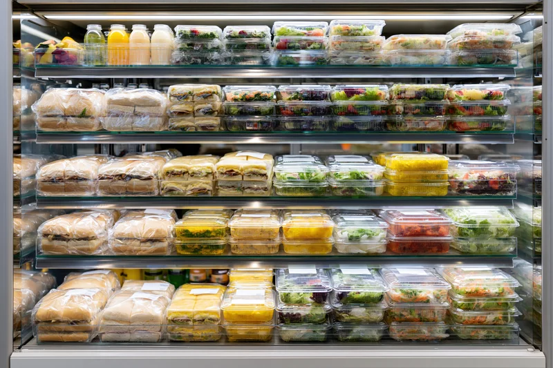 Refrigerated display case filled with ready-to-eat sandwiches, salads, and beverages in a convenience store