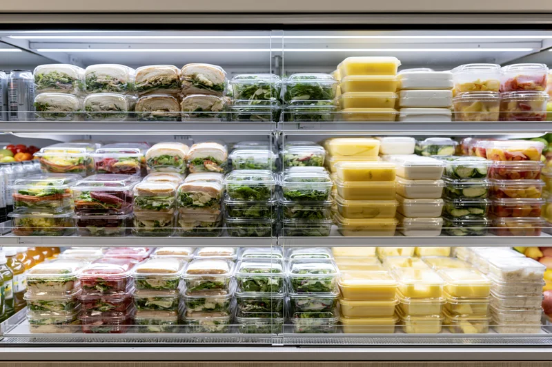 Glass-fronted refrigerated display case filled with packaged sandwiches, salads, fruit, and dairy in a convenience store