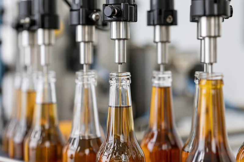 Glass bottles being filled with amber liquid on an industrial production line