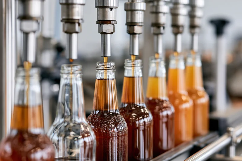 Glass bottles being filled with amber liquid on an industrial conveyor line