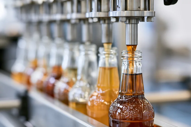 Amber liquid being filled into glass bottles on a conveyor in a factory