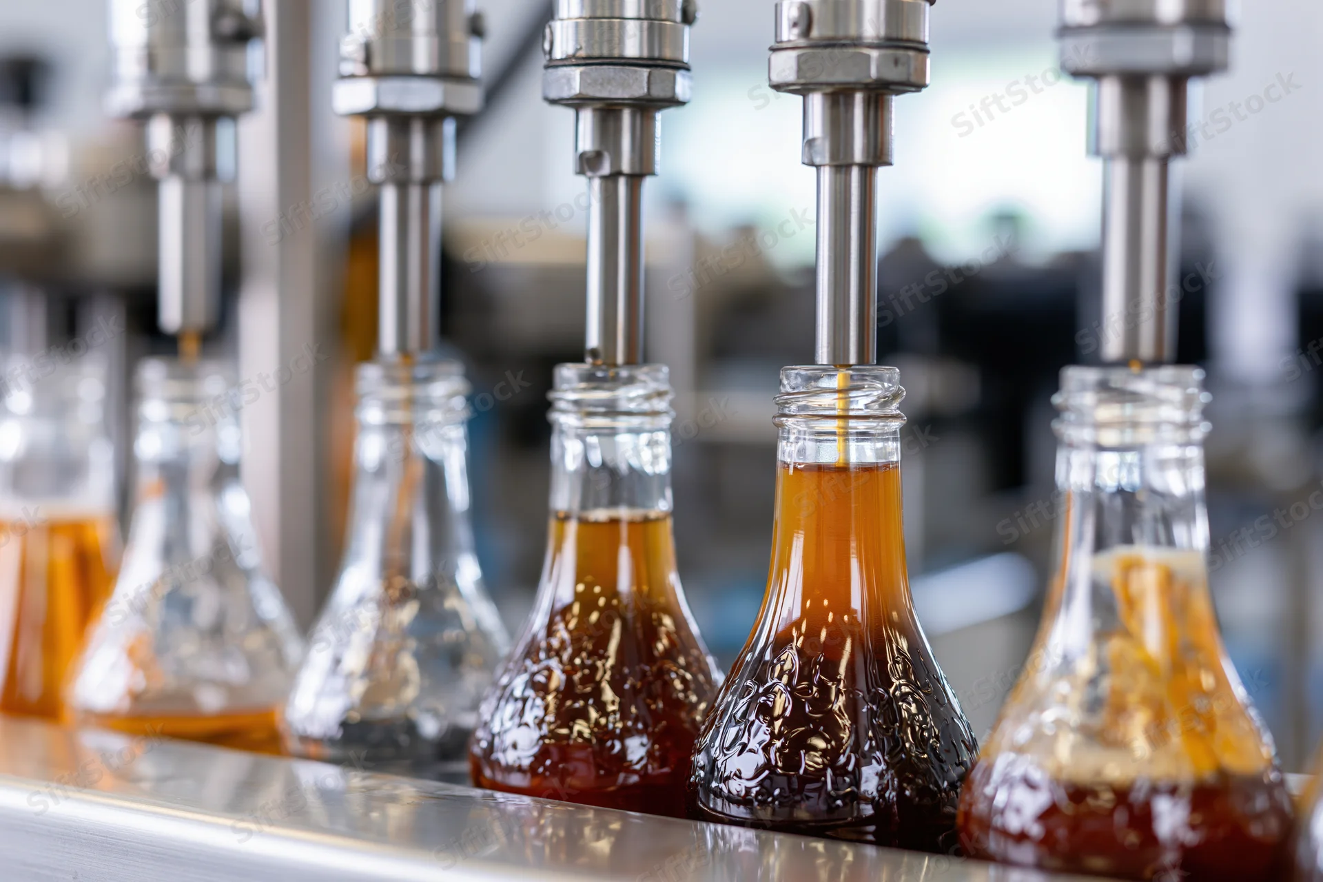 Glass bottles being filled with amber liquid on an industrial conveyor line