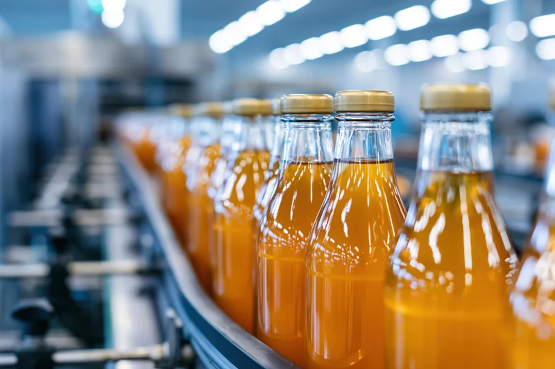 Glass bottles filled with amber-orange juice moving along a conveyor in a factory