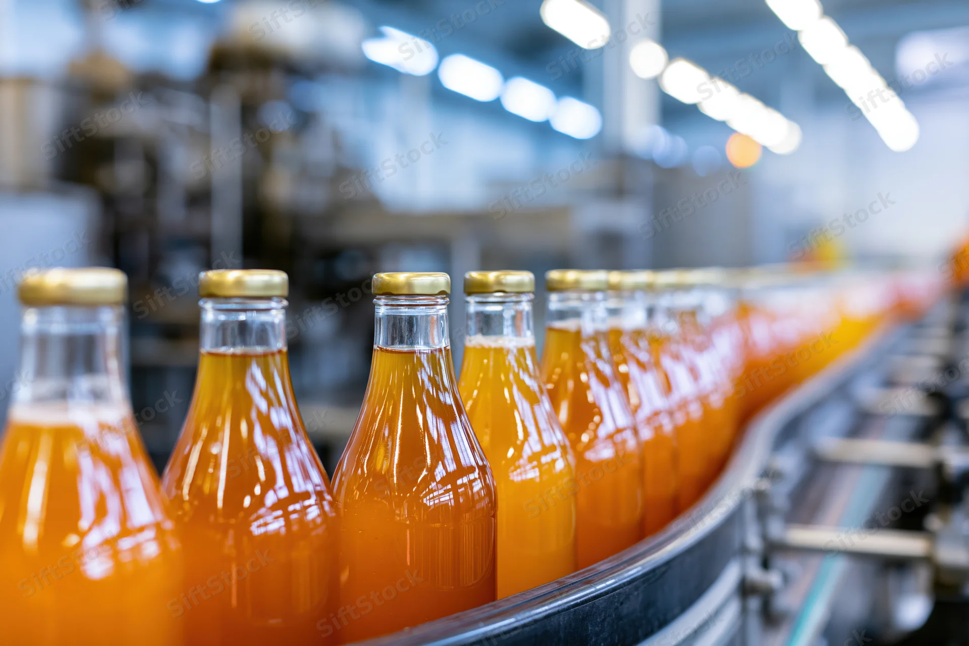Glass bottles filled with amber-orange juice moving along a conveyor in a factory