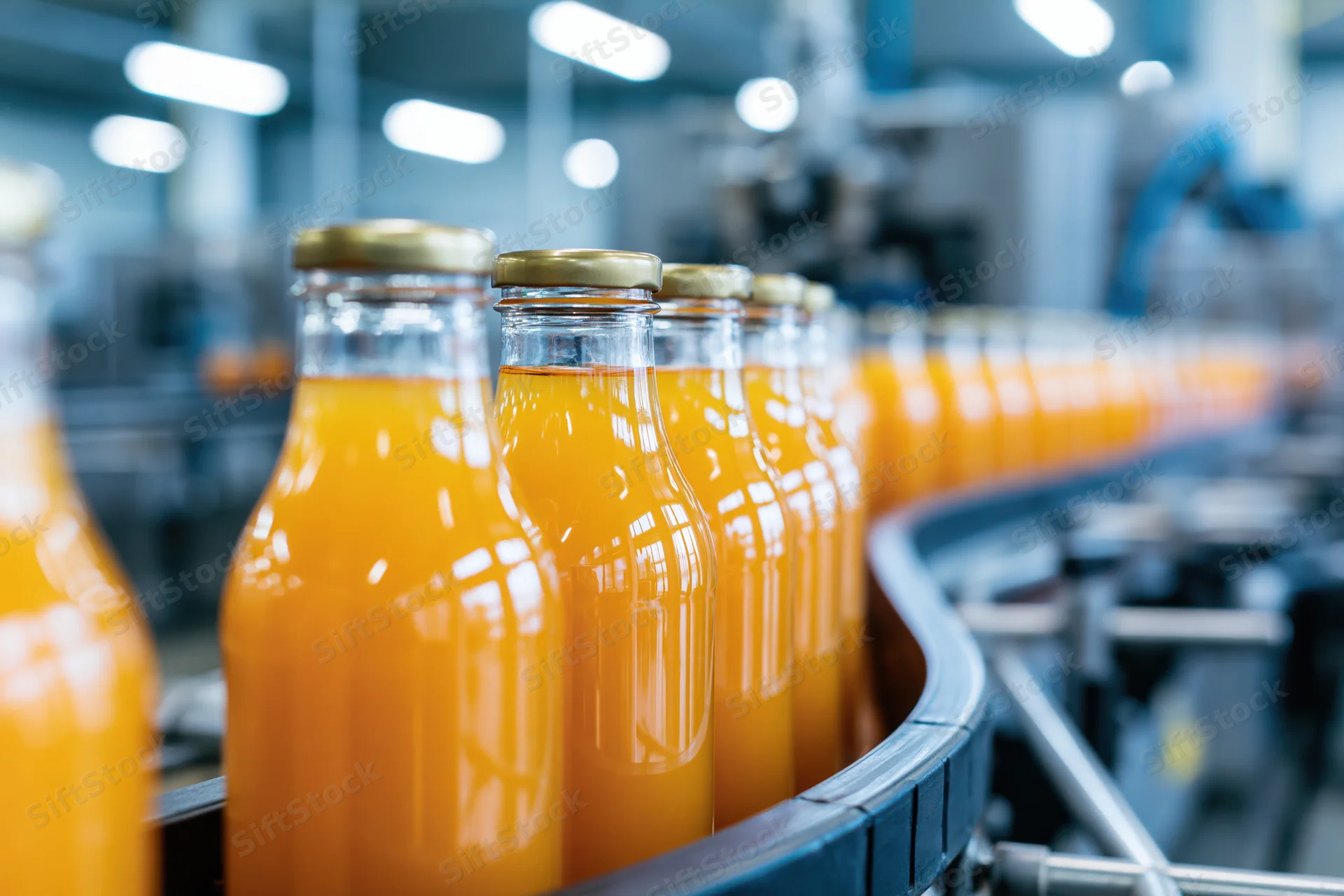 Glass bottles filled with orange juice moving along a conveyor belt in a factory