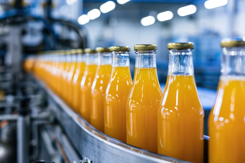 Glass bottles filled with orange juice moving along a conveyor belt in a factory