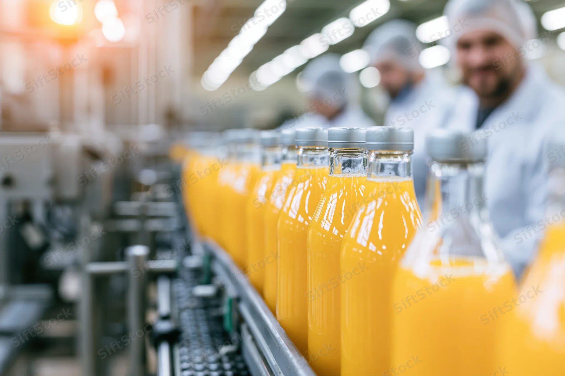 Glass bottles filled with orange juice moving along a conveyor in a factory with workers in the background