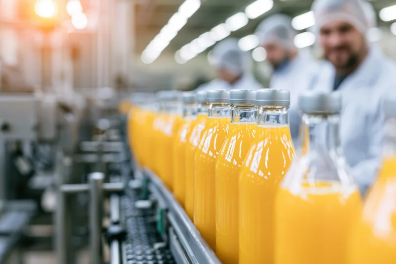 Glass bottles filled with orange juice moving along a conveyor in a factory with workers in the background