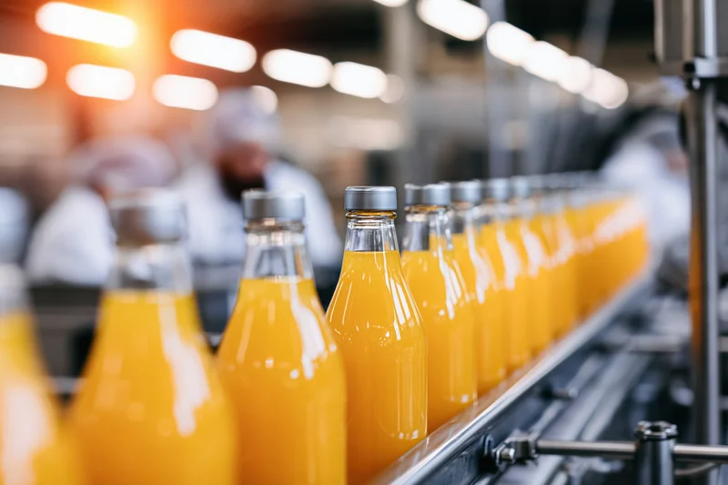 Glass bottles filled with orange juice moving along a conveyor in a factory