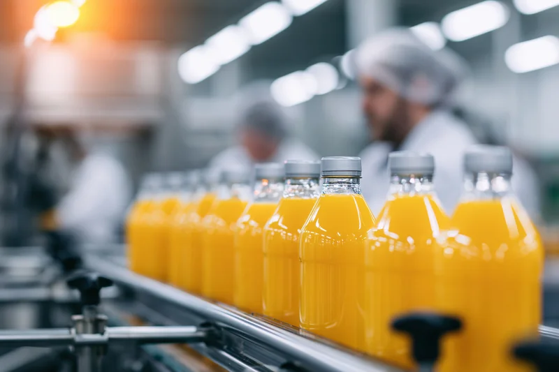 Glass bottles filled with orange juice moving along a conveyor in a factory