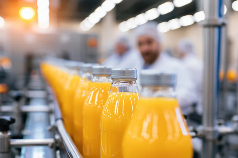 Glass bottles filled with orange juice moving along a conveyor in a factory