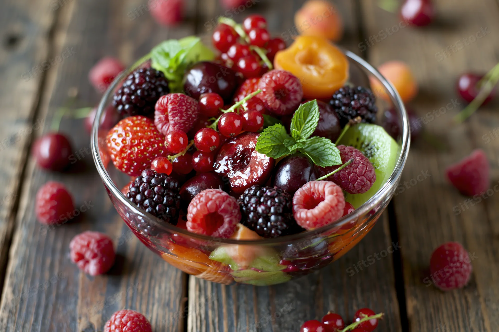 Glass bowl filled with mixed fresh fruit salad on wooden table