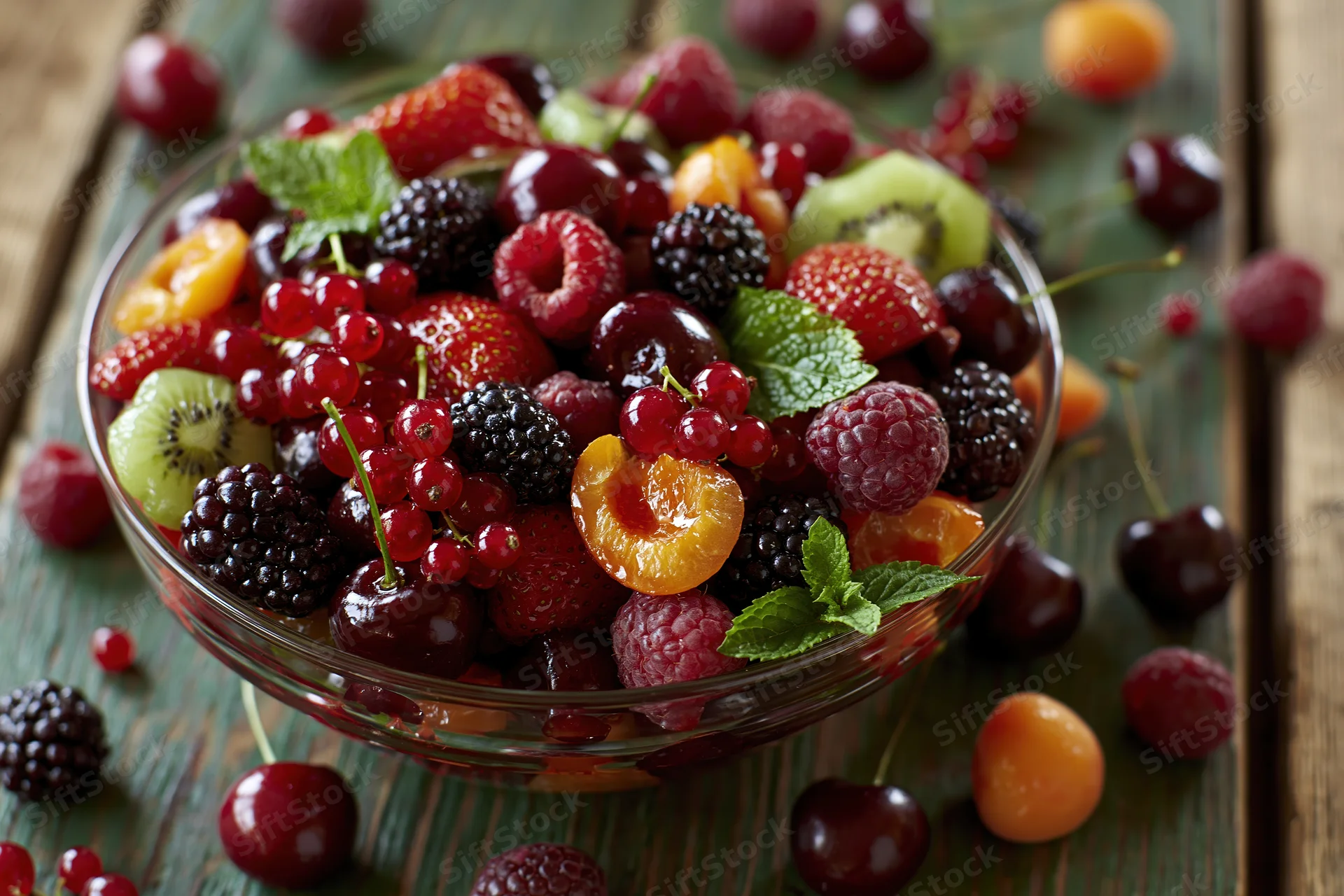 Glass bowl filled with mixed fresh berries and fruit on wooden surface