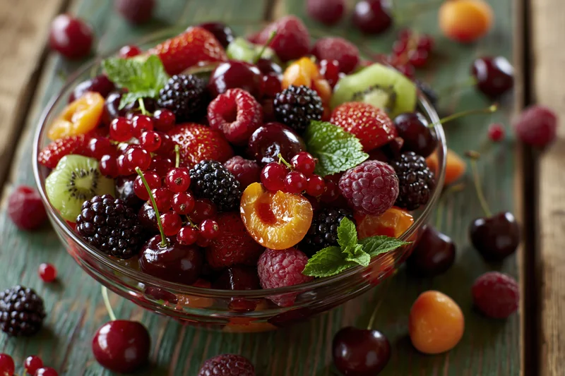 Glass bowl filled with mixed fresh berries and fruit on wooden surface